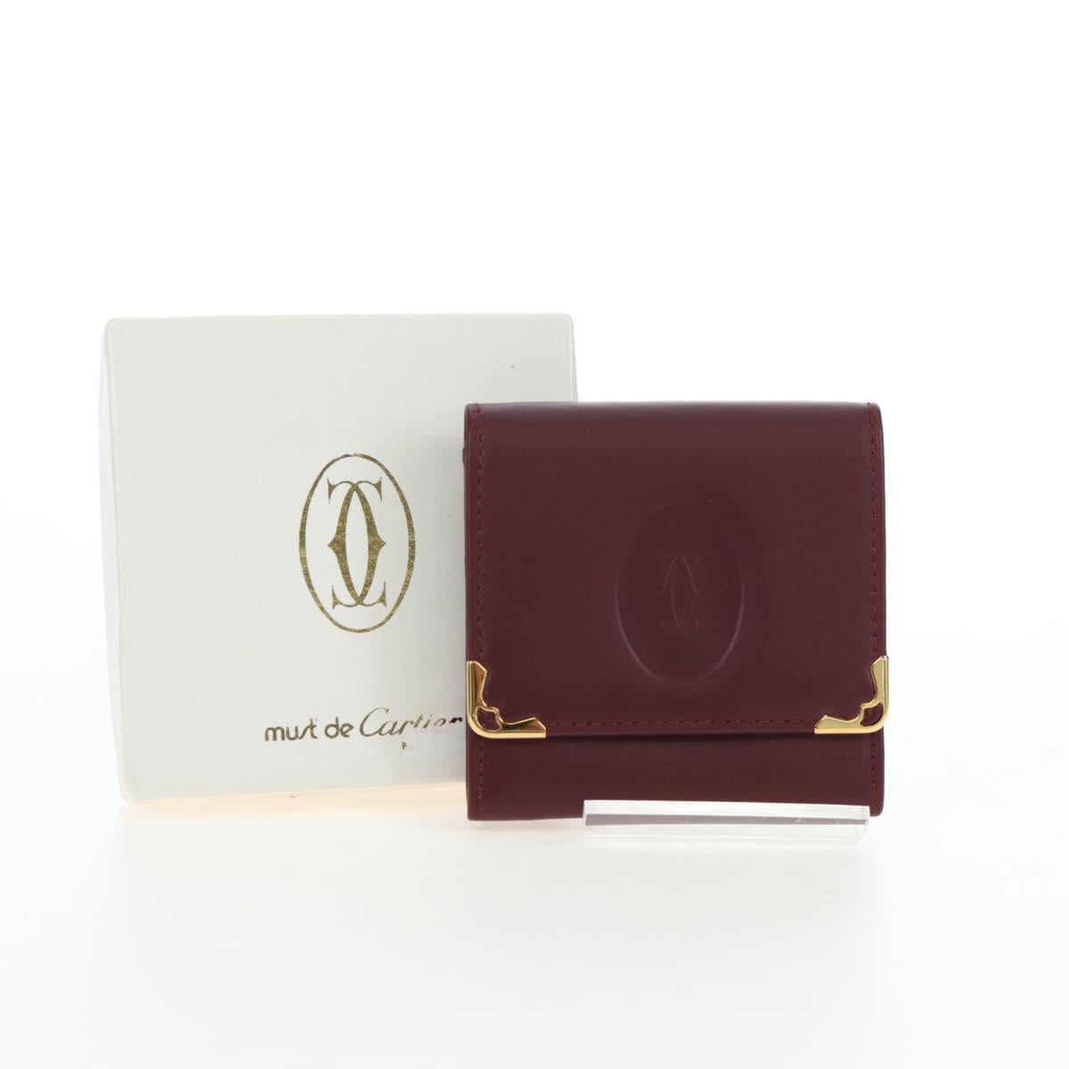 CARTIER Must Line Coin Purse Leather Bordeaux Gold Auth 191853V