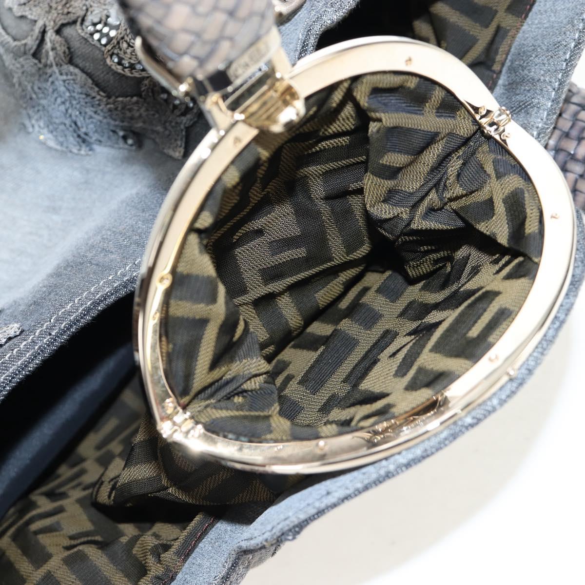 FENDI Shoulder Bag Denim Gray Gold Auth 191869SAV