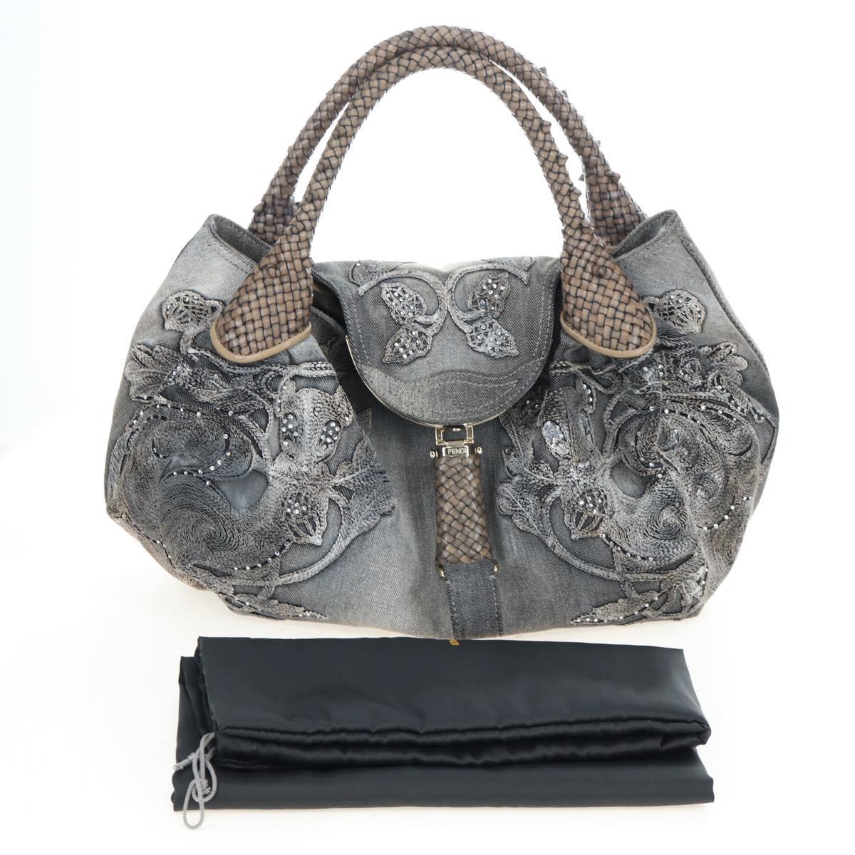 FENDI Shoulder Bag Denim Gray Gold Auth 191869SAV