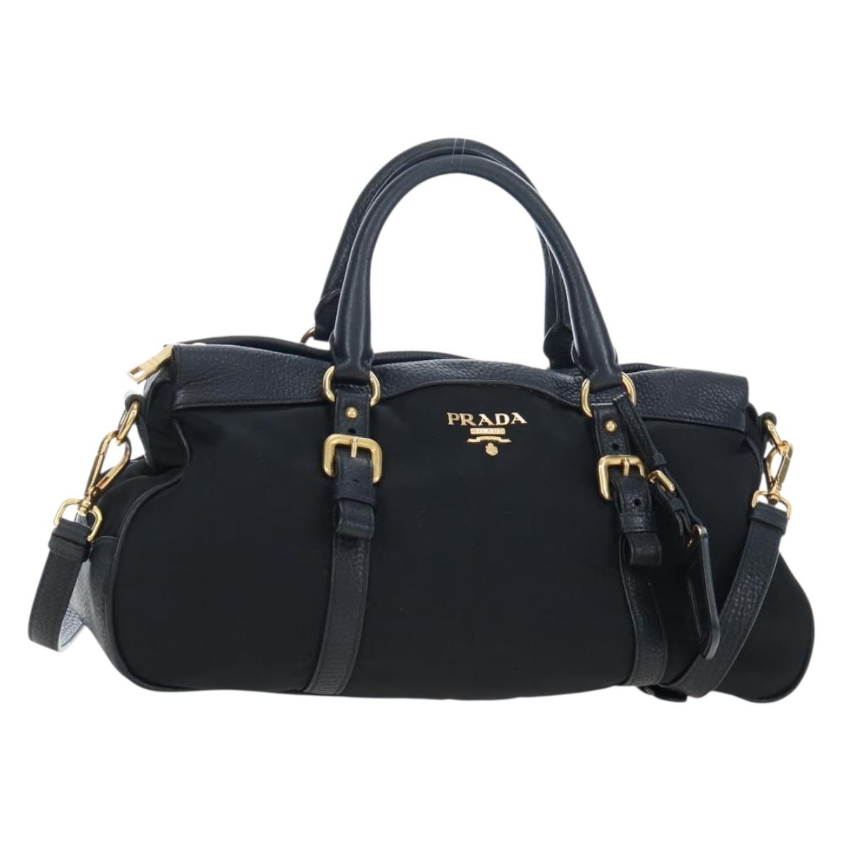 PRADA Hand Bag Nylon Leather 2way Black Gold Auth 191870V