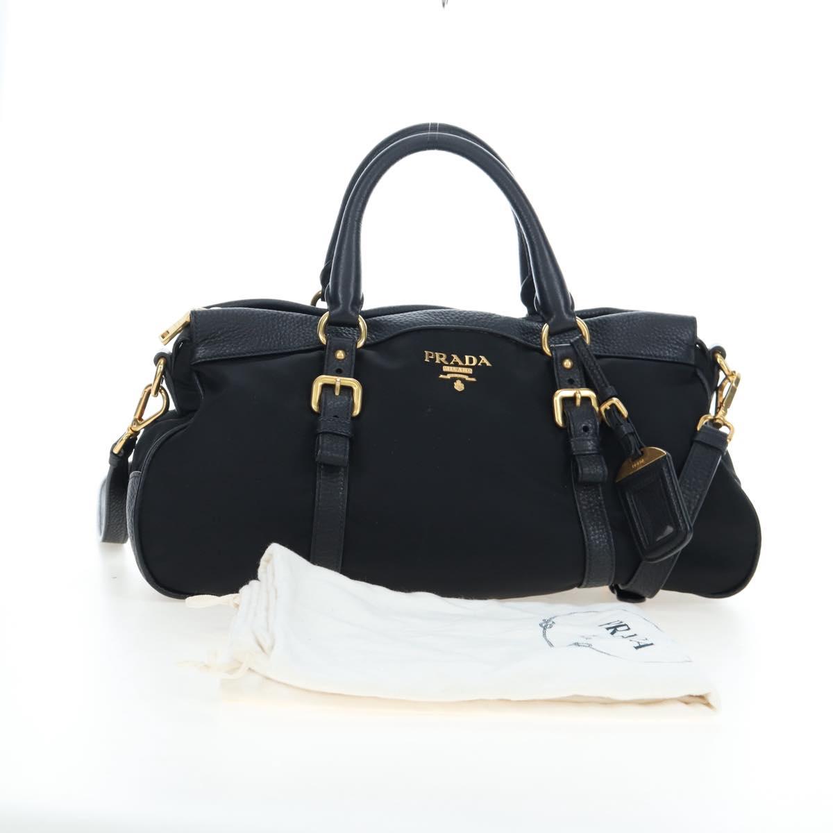 PRADA Hand Bag Nylon Leather 2way Black Gold Auth 191870V