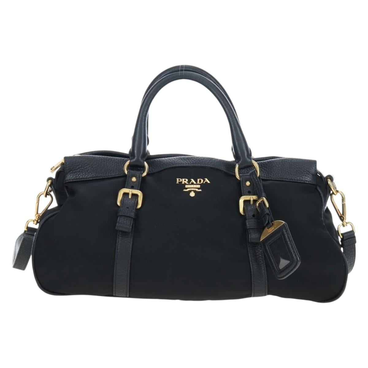 PRADA Hand Bag Nylon Leather 2way Black Gold Auth 191870V