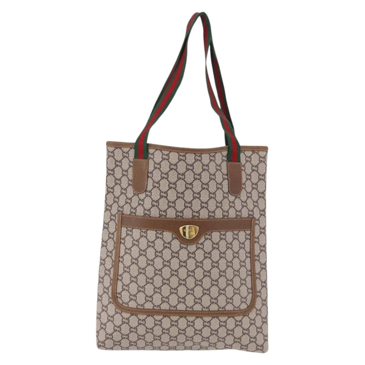 GUCCI GG Plus Supreme Web Sherry Line Tote Bag PVC Beige Gold Auth 191890