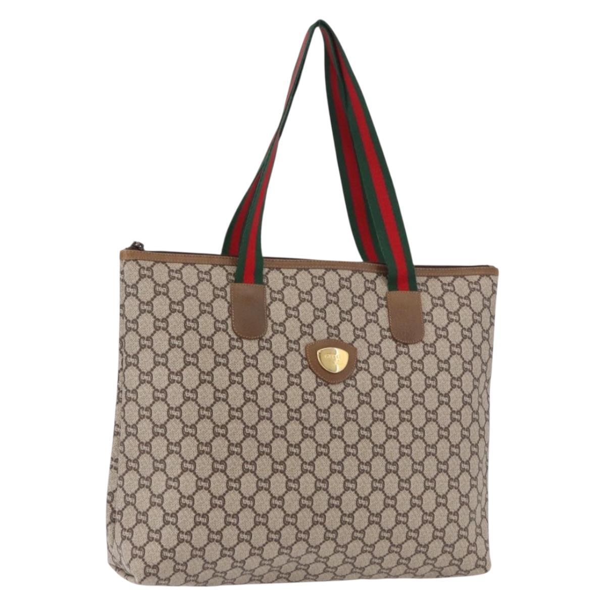 GUCCI GG Plus Supreme Web Sherry Line Tote Bag PVC Beige Gold Auth 191893