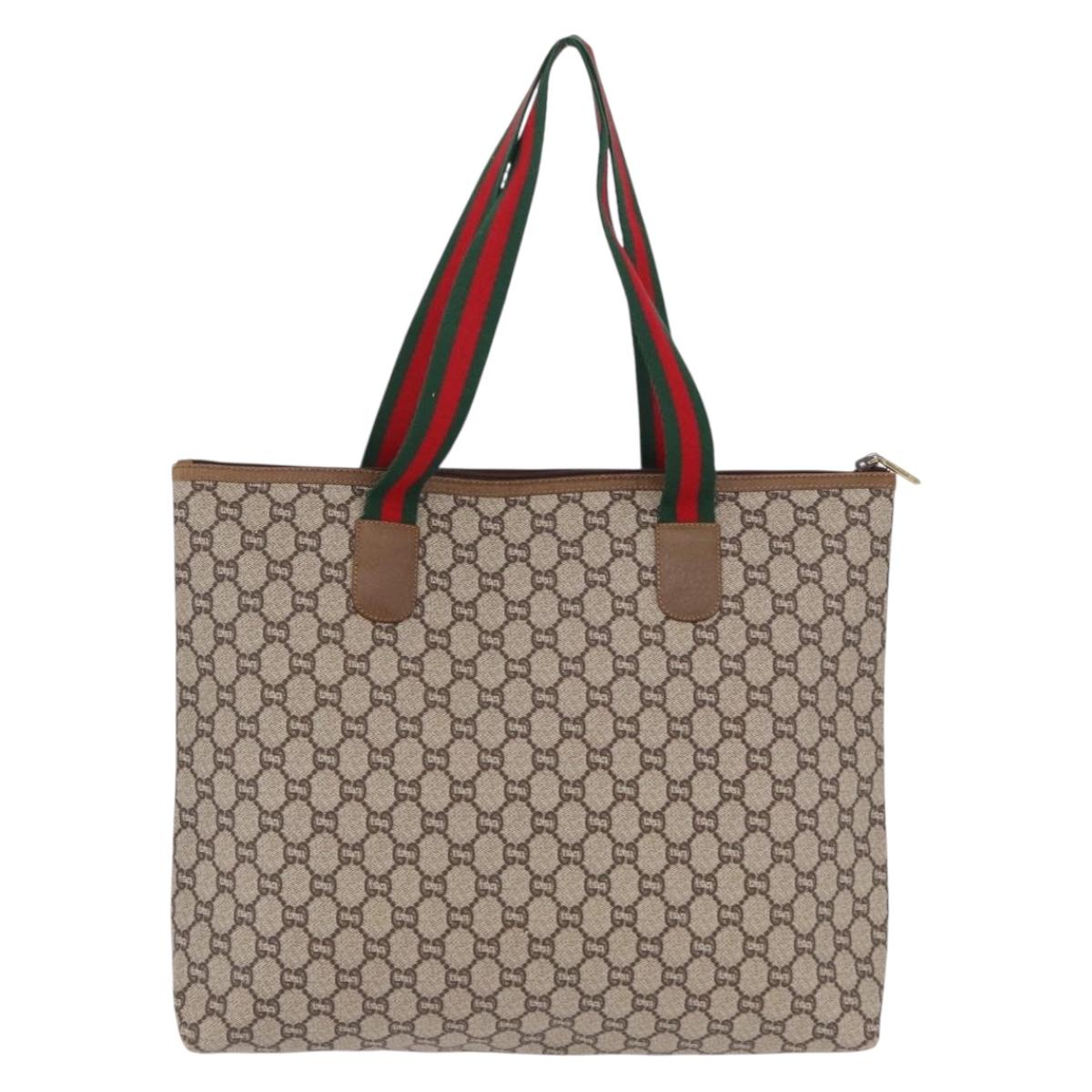 GUCCI GG Plus Supreme Web Sherry Line Tote Bag PVC Beige Gold Auth 191893