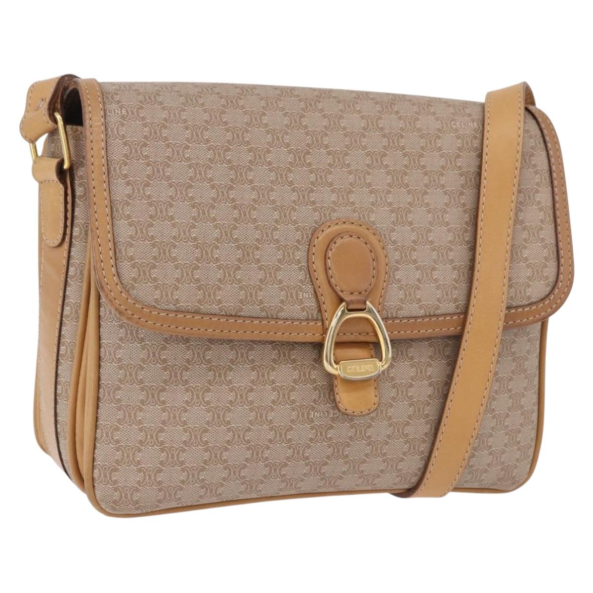 CELINE Macadam Canvas Shoulder Bag Beige Gold Auth 191901