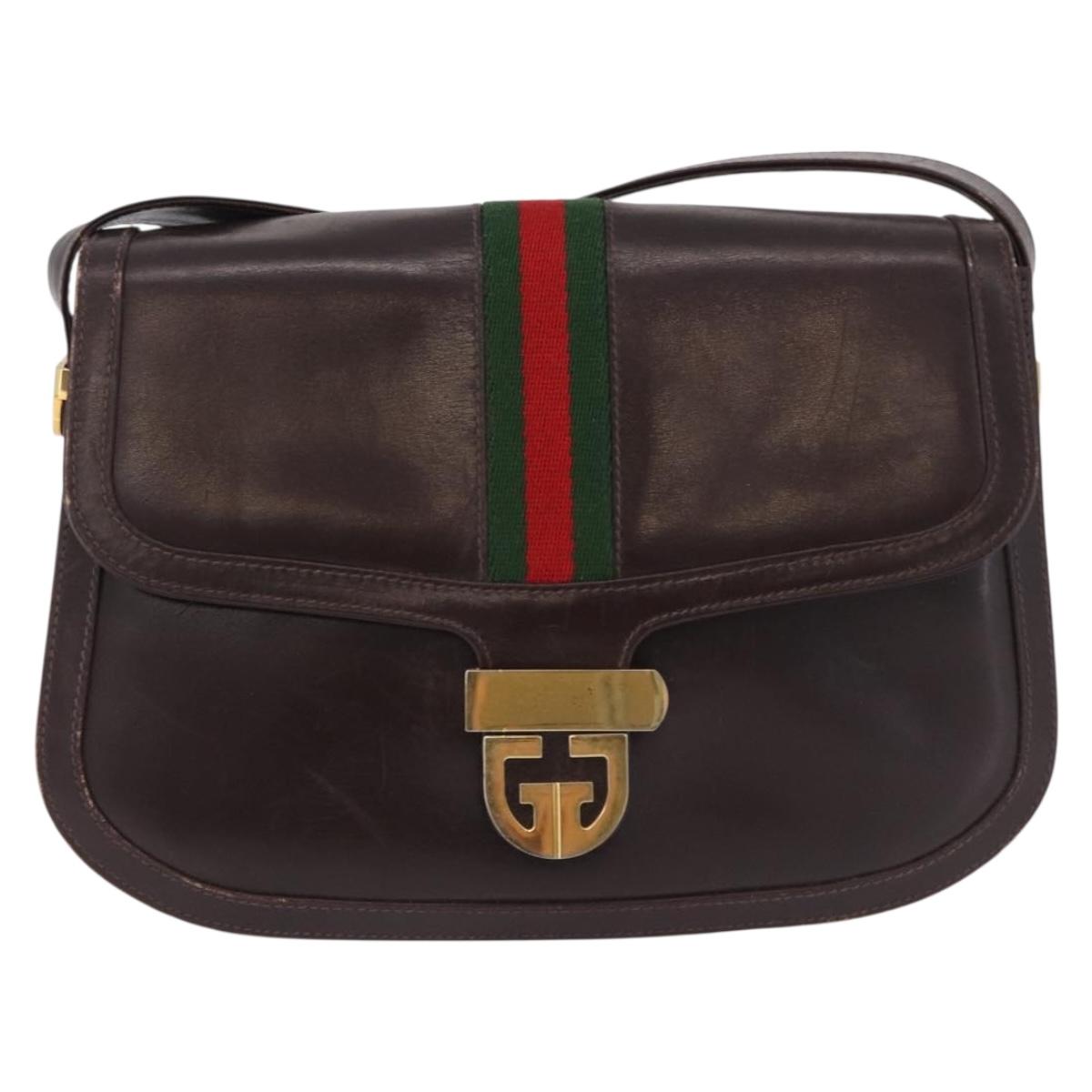 GUCCI Web Sherry Line Shoulder Bag Leather Brown Gold Auth 191902