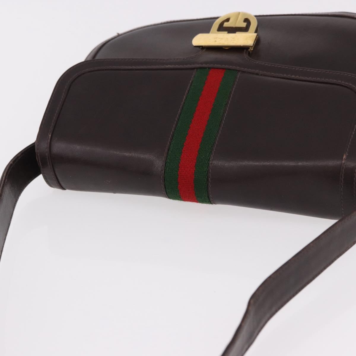 GUCCI Web Sherry Line Shoulder Bag Leather Brown Gold Auth 191902