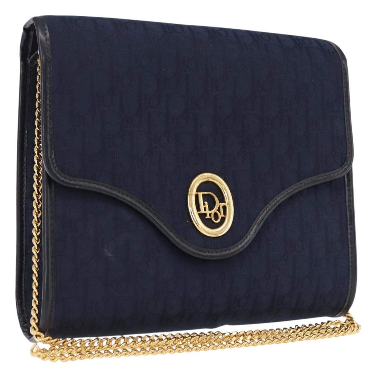 Christian Dior Trotter Canvas Chain Shoulder Bag Navy Gold Auth 191904