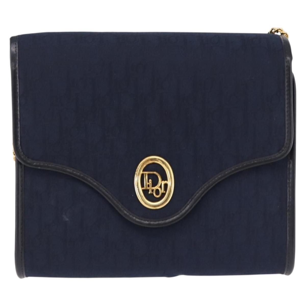 Christian Dior Trotter Canvas Chain Shoulder Bag Navy Gold Auth 191904