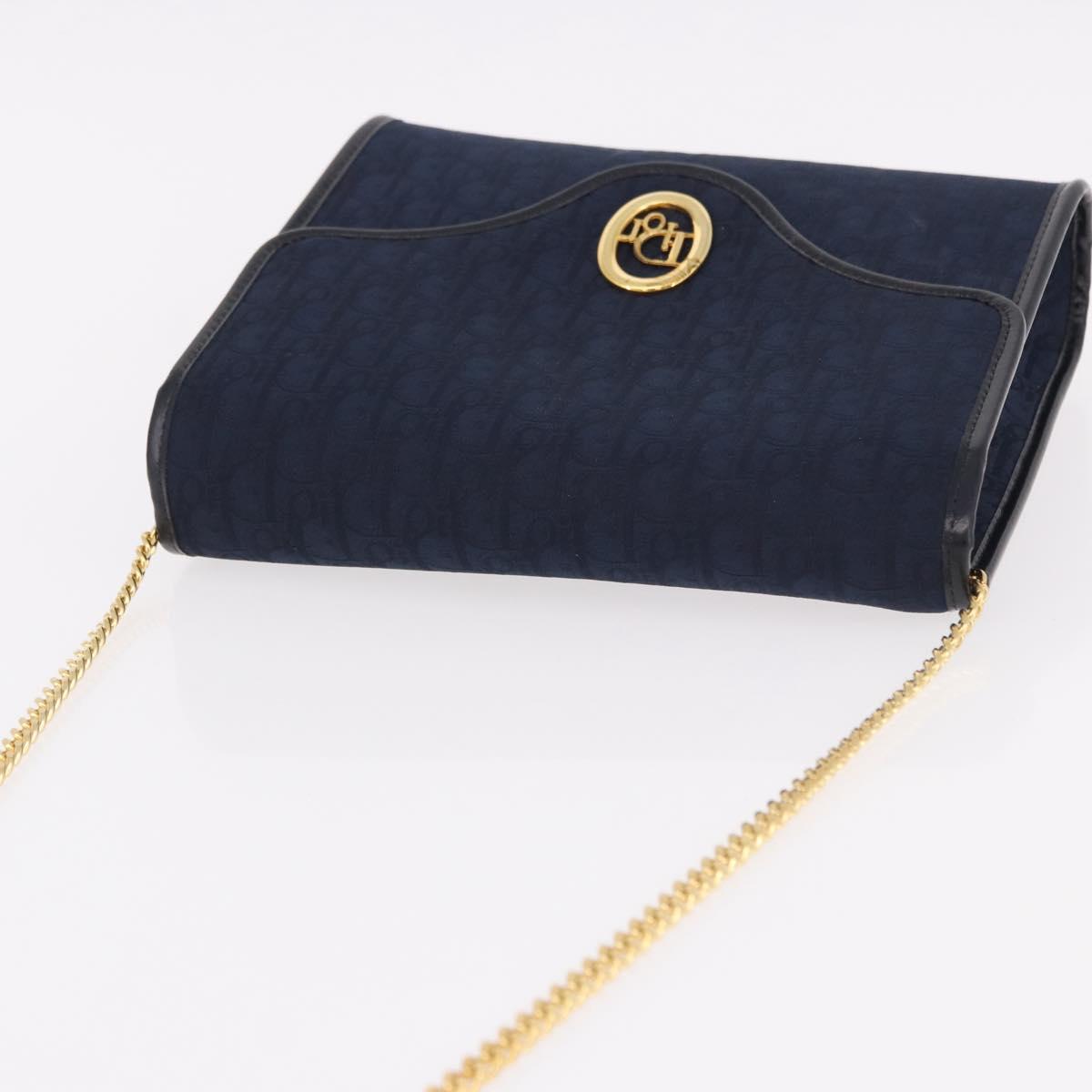 Christian Dior Trotter Canvas Chain Shoulder Bag Navy Gold Auth 191904