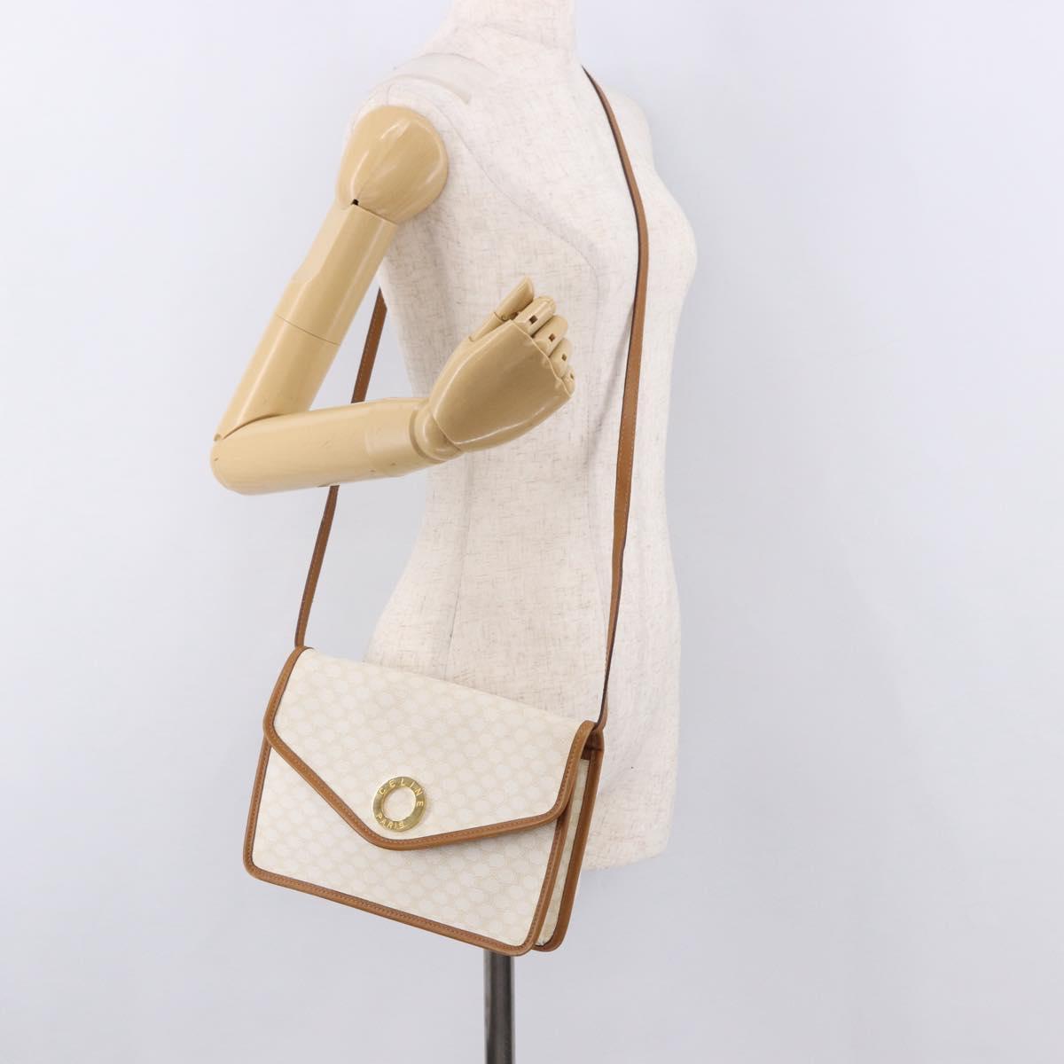 CELINE Macadam Canvas Shoulder Bag PVC White Gold Auth 191906A
