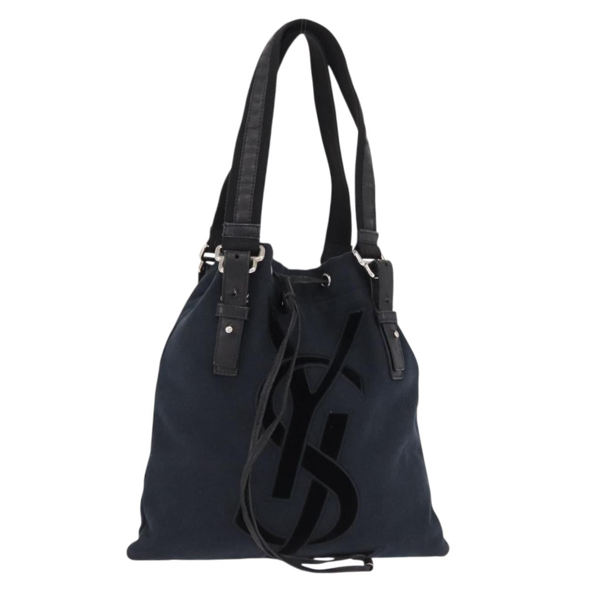 SAINT LAURENT Kahala Tote Bag Canvas Navy Silver Auth 191911