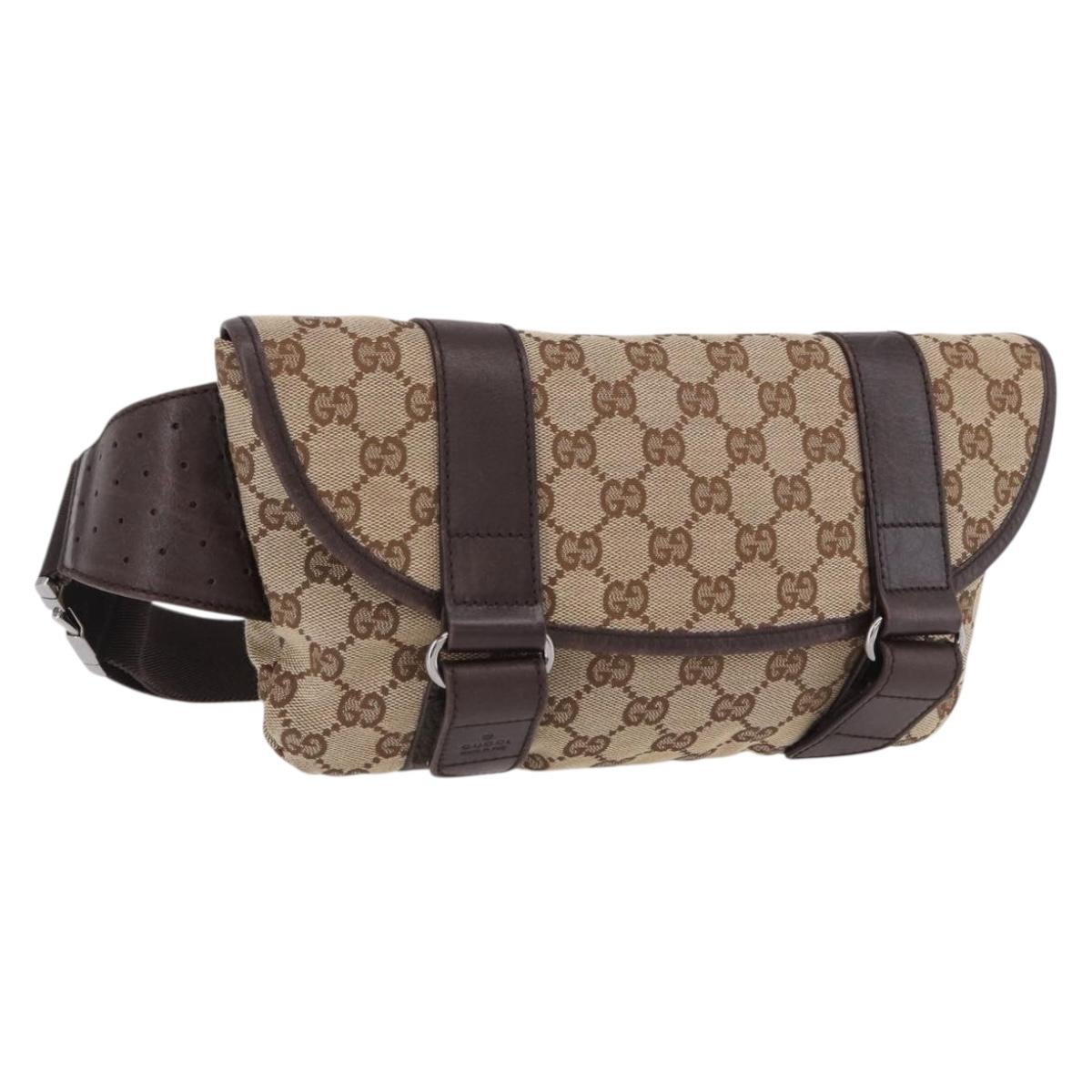 GUCCI GG Canvas Waist Bag Beige Silver 145851 Auth 191912