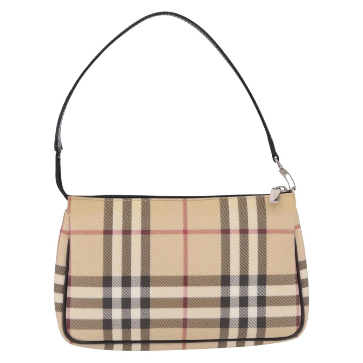 BURBERRY Nova Check Hand Bag PVC Beige Silver Auth 191918