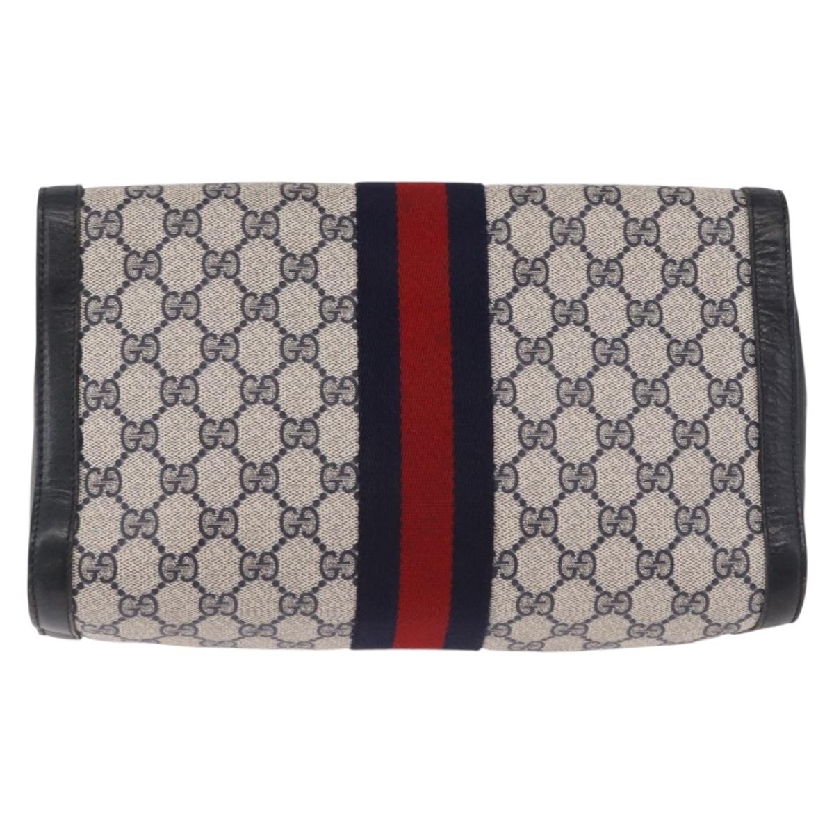GUCCI GG Supreme Sherry Line Clutch Bag PVC Navy Gold Auth 191926