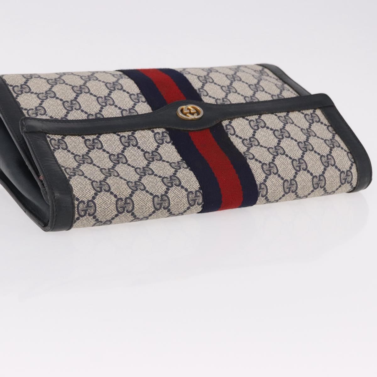 GUCCI GG Supreme Sherry Line Clutch Bag PVC Navy Gold Auth 191926