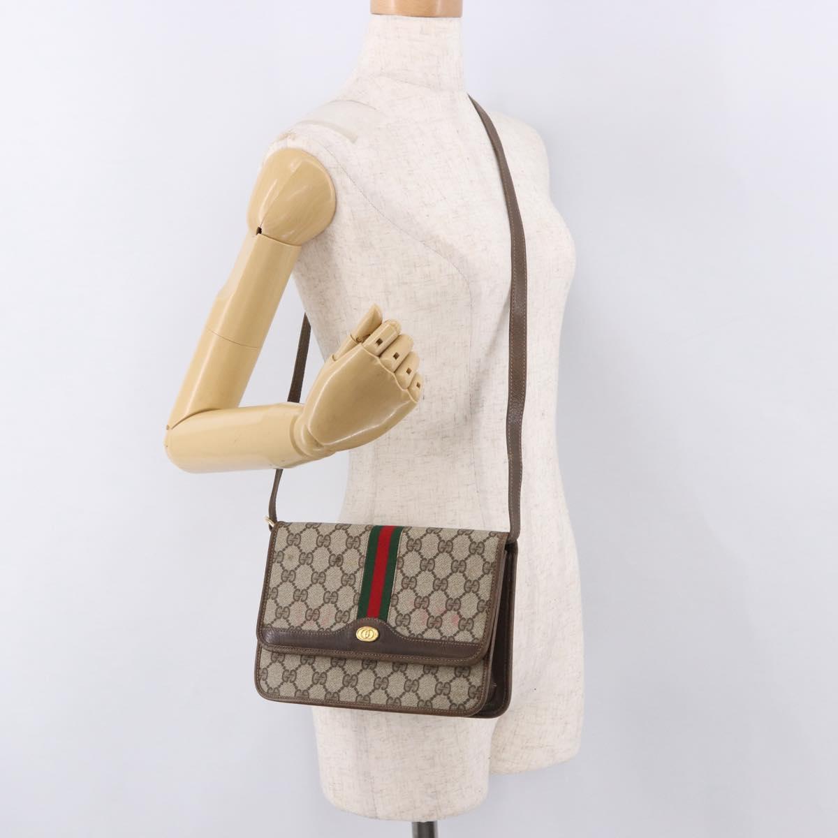 GUCCI GG Supreme Web Sherry Line Shoulder Bag PVC Beige Gold Auth 191927