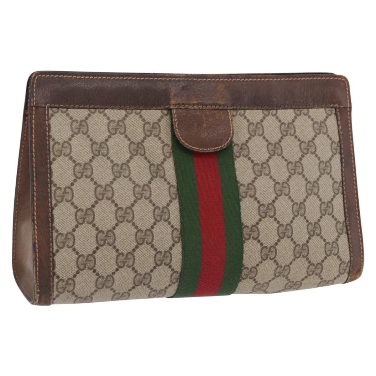 GUCCI GG Supreme Web Sherry Line Clutch Bag PVC Beige 37 014 2125 Auth 191934