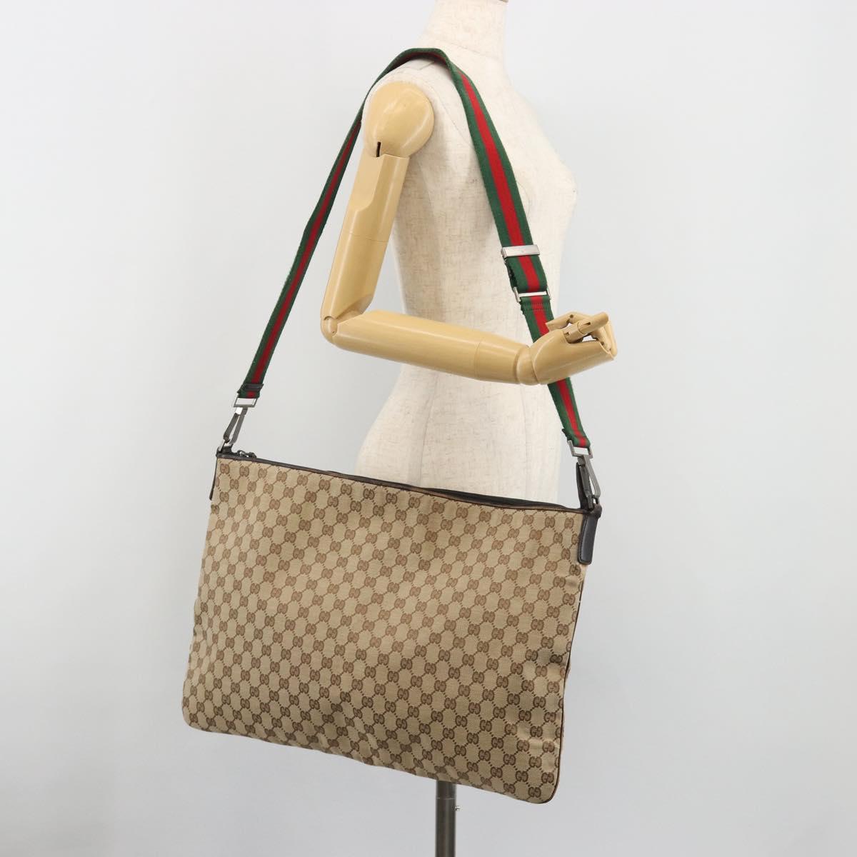 GUCCI GG Canvas Web Sherry Line Shoulder Bag Beige Silver Auth 191971A