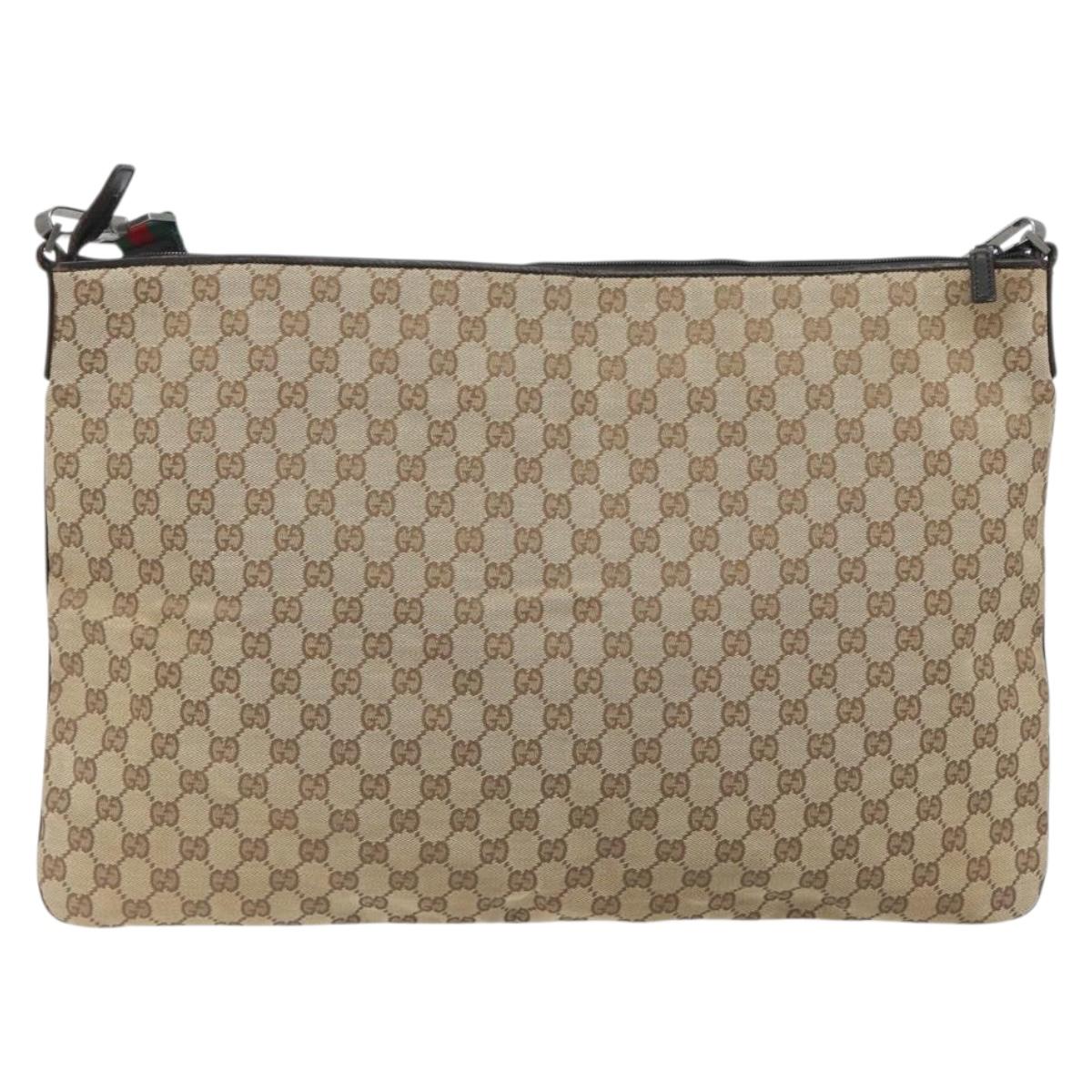 GUCCI GG Canvas Web Sherry Line Shoulder Bag Beige Silver Auth 191971A