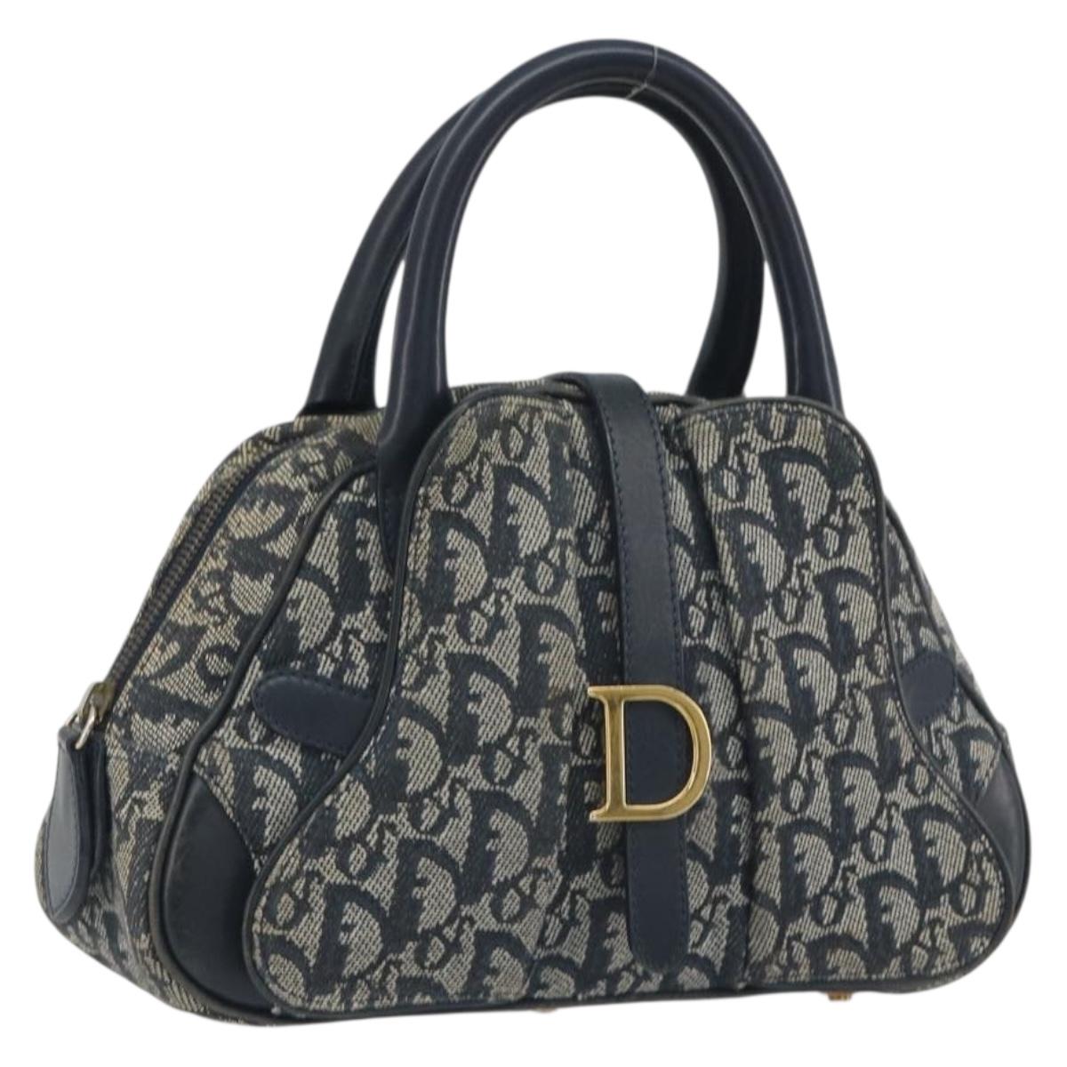 Christian Dior Trotter Canvas Double saddle Hand Bag Navy Gold Auth 191979V