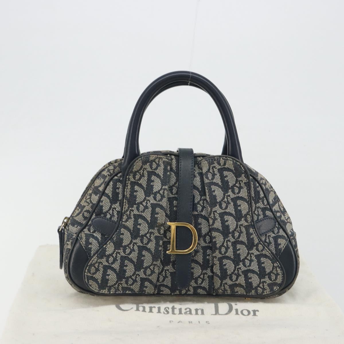 Christian Dior Trotter Canvas Double saddle Hand Bag Navy Gold Auth 191979V