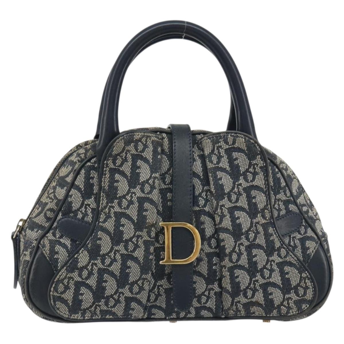 Christian Dior Trotter Canvas Double saddle Hand Bag Navy Gold Auth 191979V