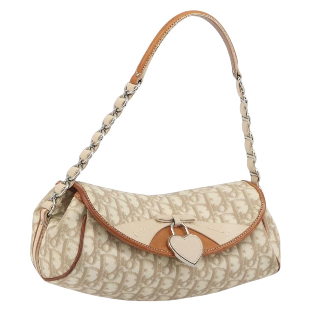 Christian Dior Trotter Canvas Romantic Chain Bag PVC Beige Silver Auth 191980V