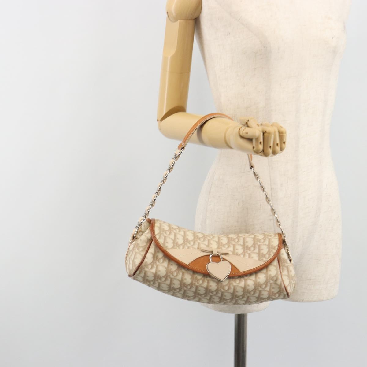 Christian Dior Trotter Canvas Romantic Chain Bag PVC Beige Silver Auth 191980V