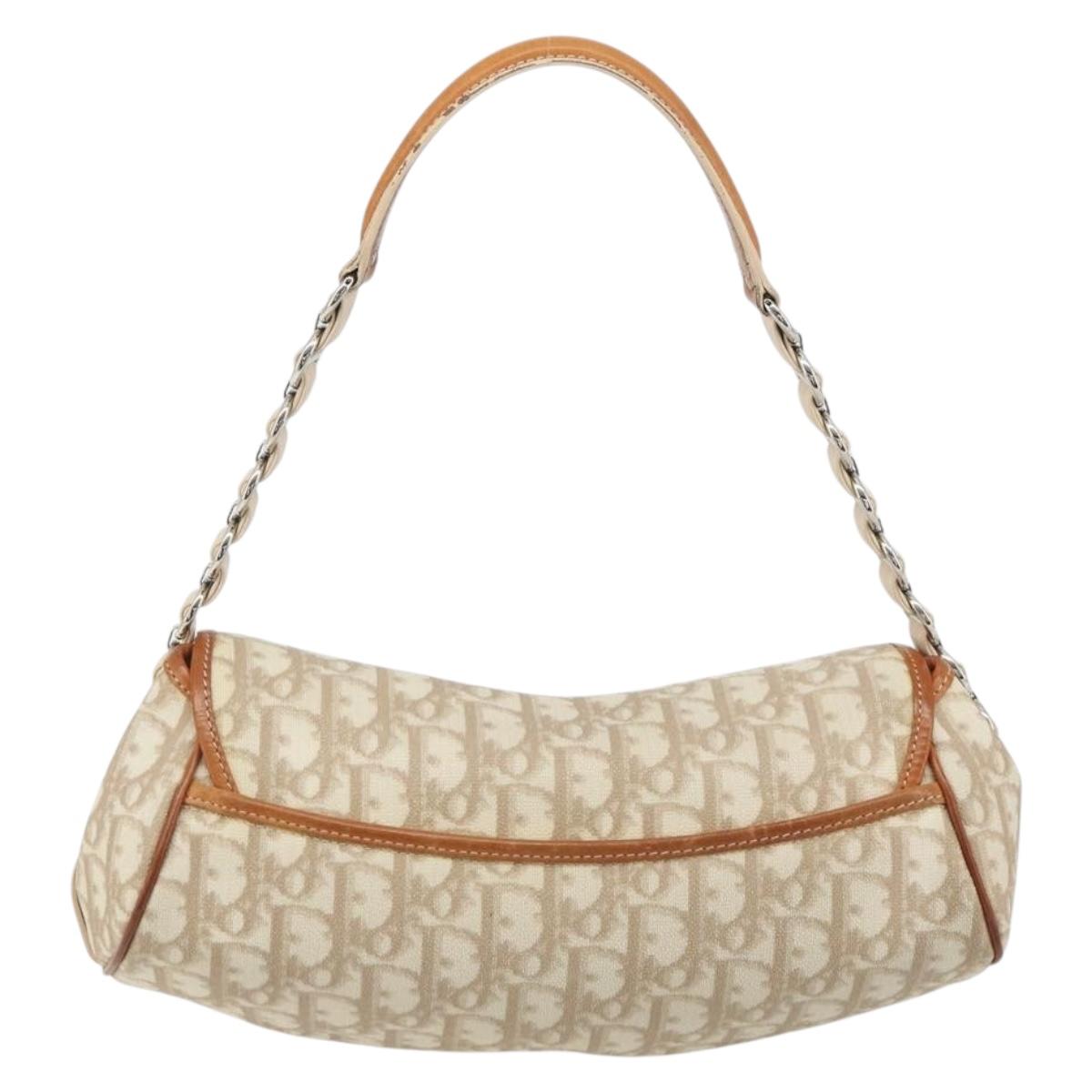 Christian Dior Trotter Canvas Romantic Chain Bag PVC Beige Silver Auth 191980V