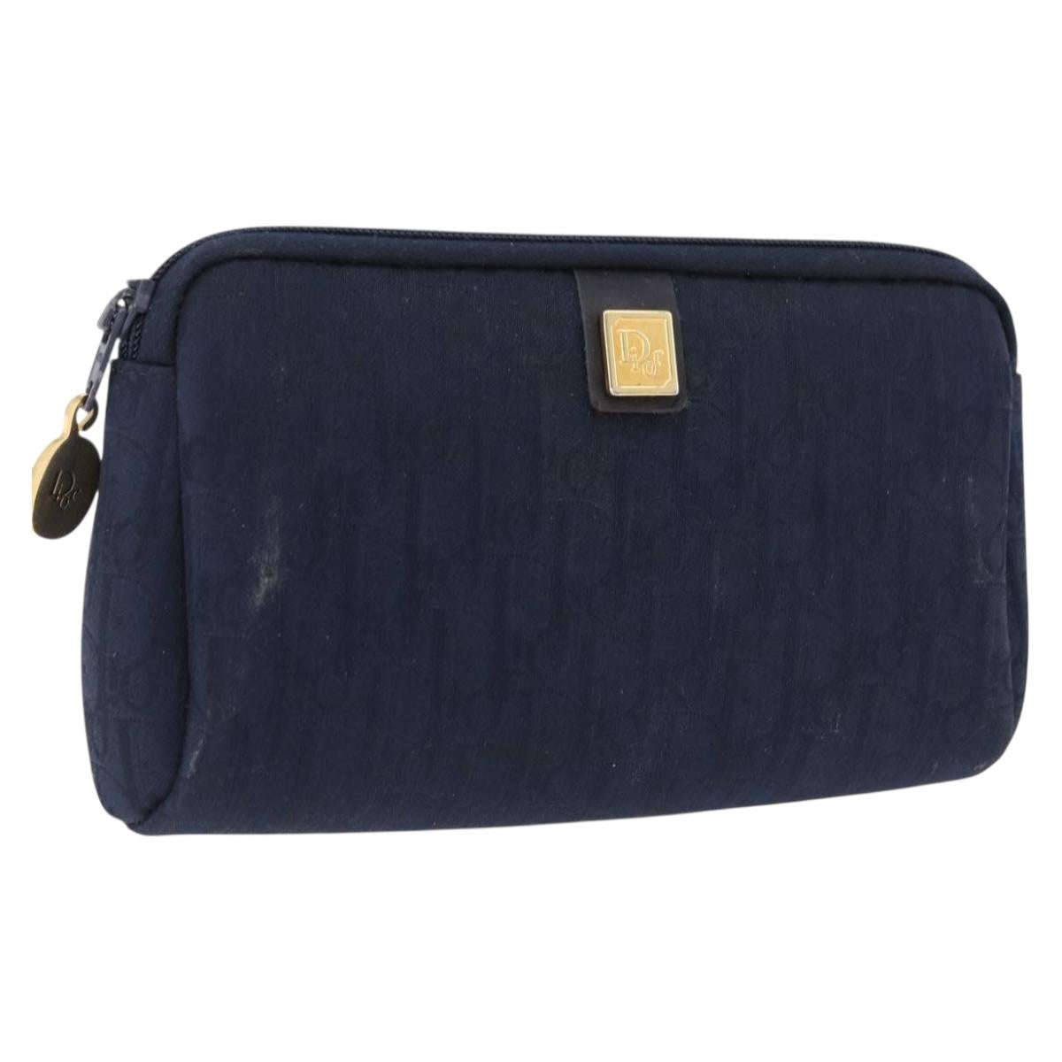 Christian Dior Trotter Canvas Pouch Navy Gold Auth 191983A