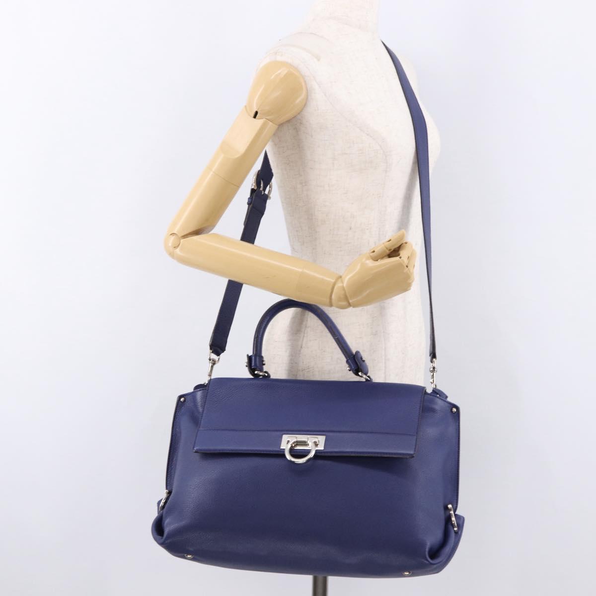 Salvatore Ferragamo Gancini Hand Bag Leather 2way Blue Silver Auth 192042A