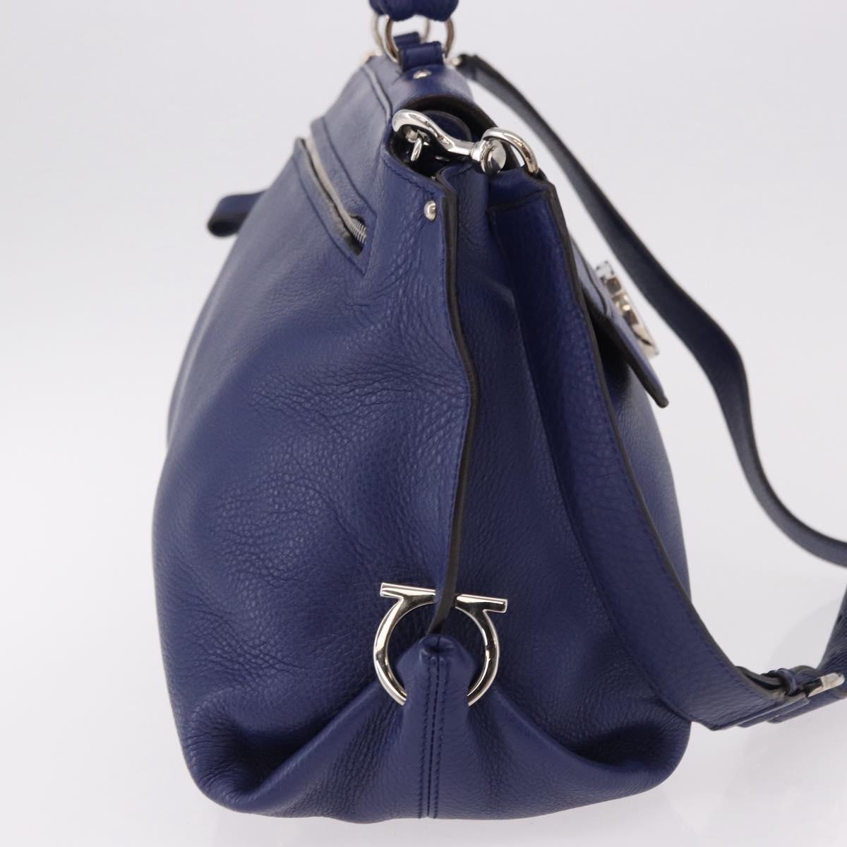 Salvatore Ferragamo Gancini Hand Bag Leather 2way Blue Silver Auth 192042A