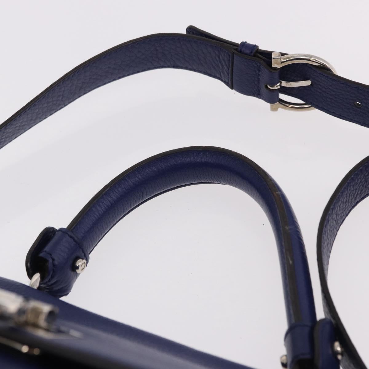 Salvatore Ferragamo Gancini Hand Bag Leather 2way Blue Silver Auth 192042A