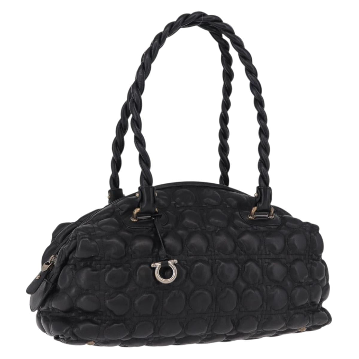 Salvatore Ferragamo Gancini Boston Bag Leather Black Silver Auth 192056V