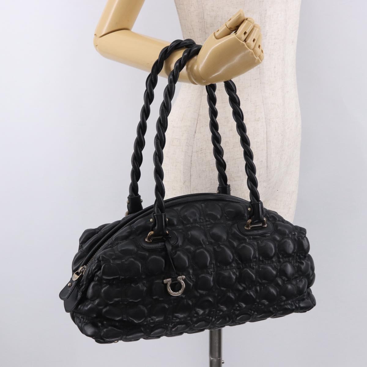 Salvatore Ferragamo Gancini Boston Bag Leather Black Silver Auth 192056V