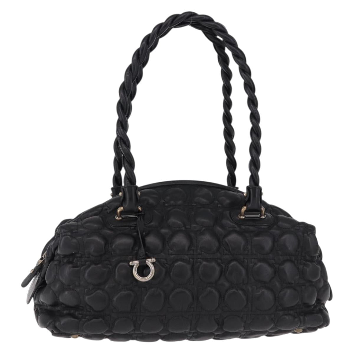 Salvatore Ferragamo Gancini Boston Bag Leather Black Silver Auth 192056V