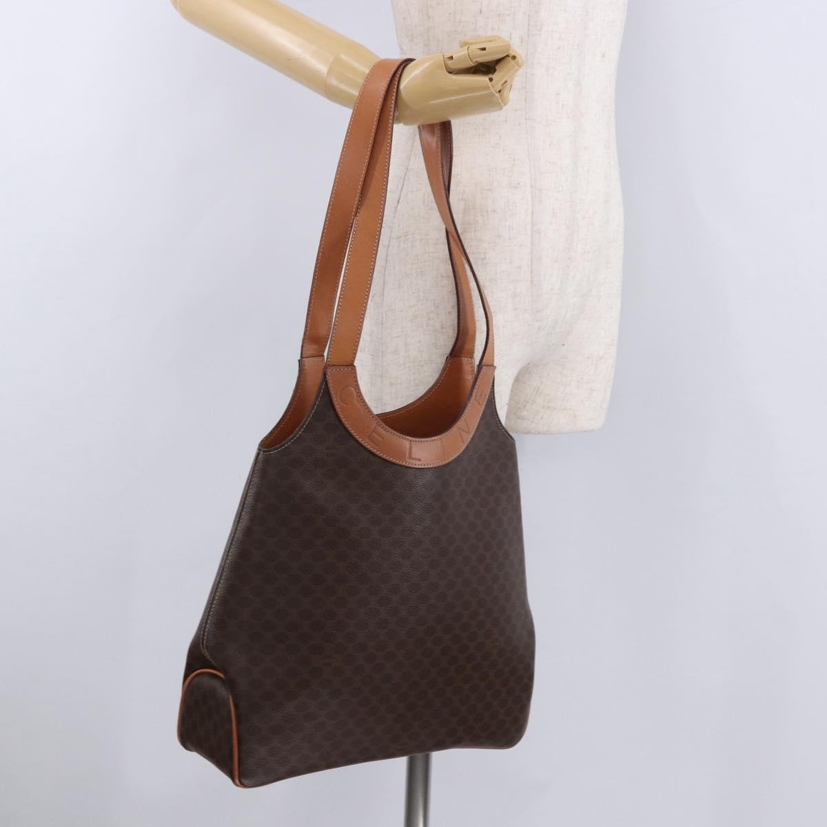 CELINE Macadam Canvas Circle Hand Bag PVC Leather Brown Gold Auth 192066
