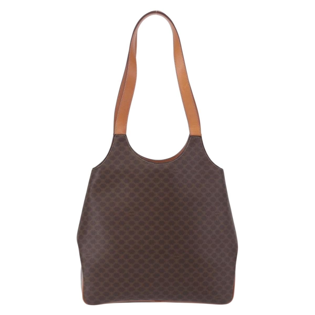 CELINE Macadam Canvas Circle Hand Bag PVC Leather Brown Gold Auth 192066