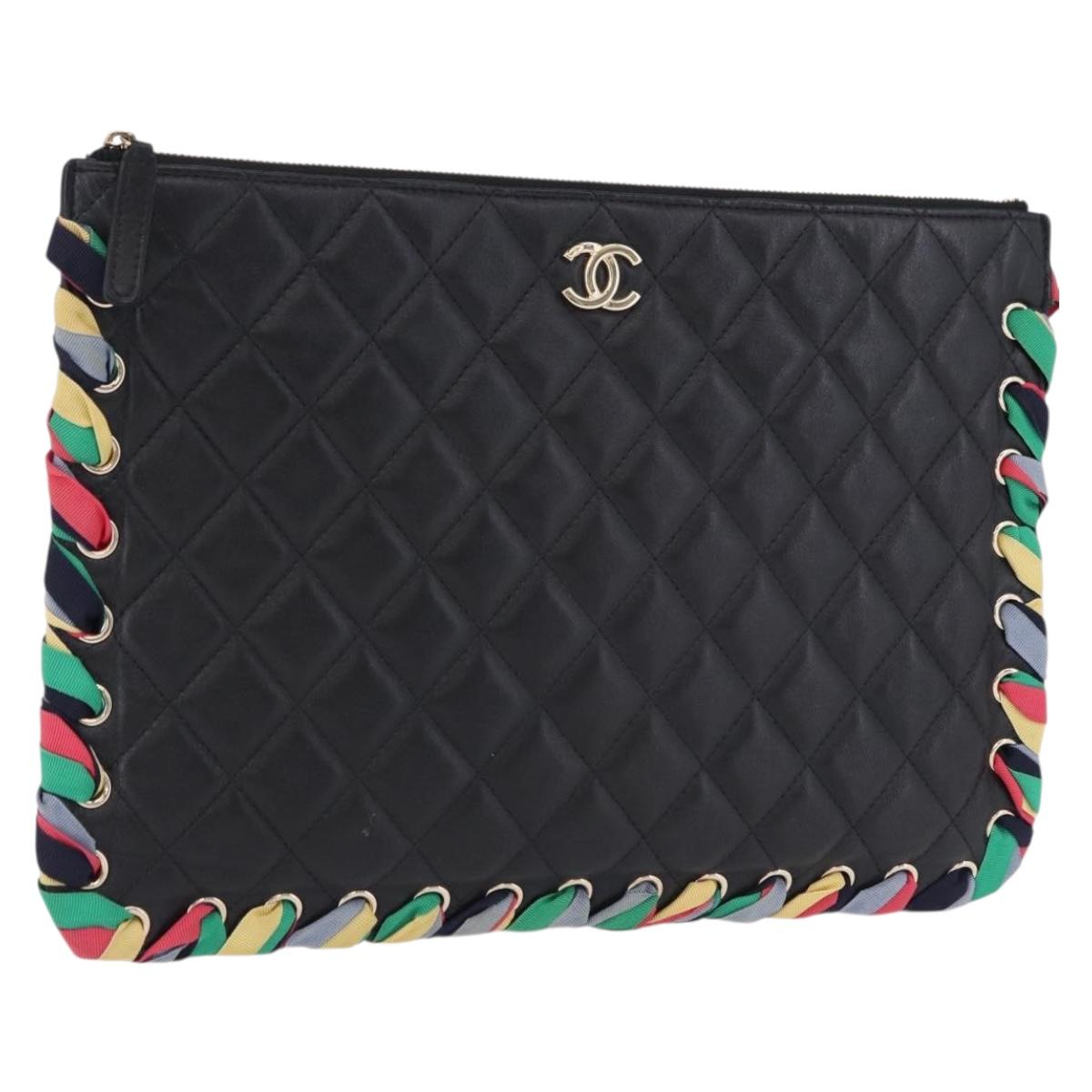 CHANEL Matelasse Clutch Bag Lamb Skin Black Gold CC Auth 192073SAM