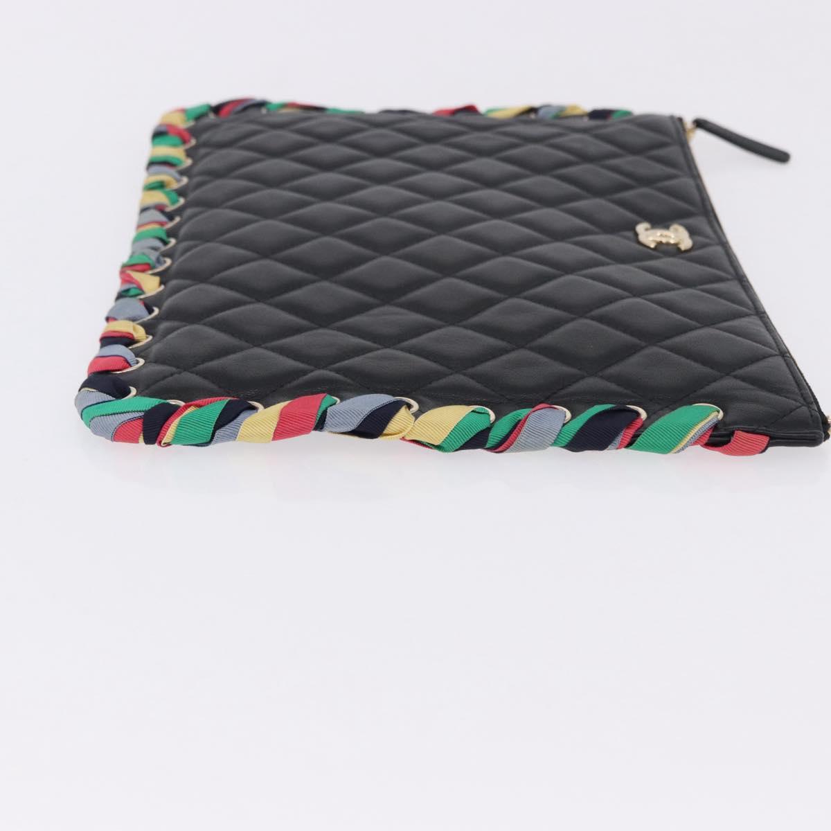 CHANEL Matelasse Clutch Bag Lamb Skin Black Gold CC Auth 192073SAM