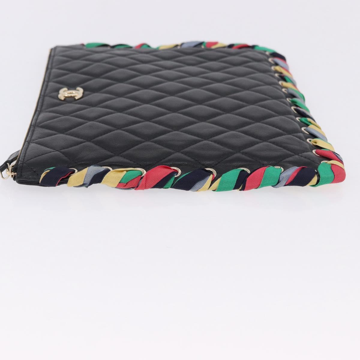 CHANEL Matelasse Clutch Bag Lamb Skin Black Gold CC Auth 192073SAM