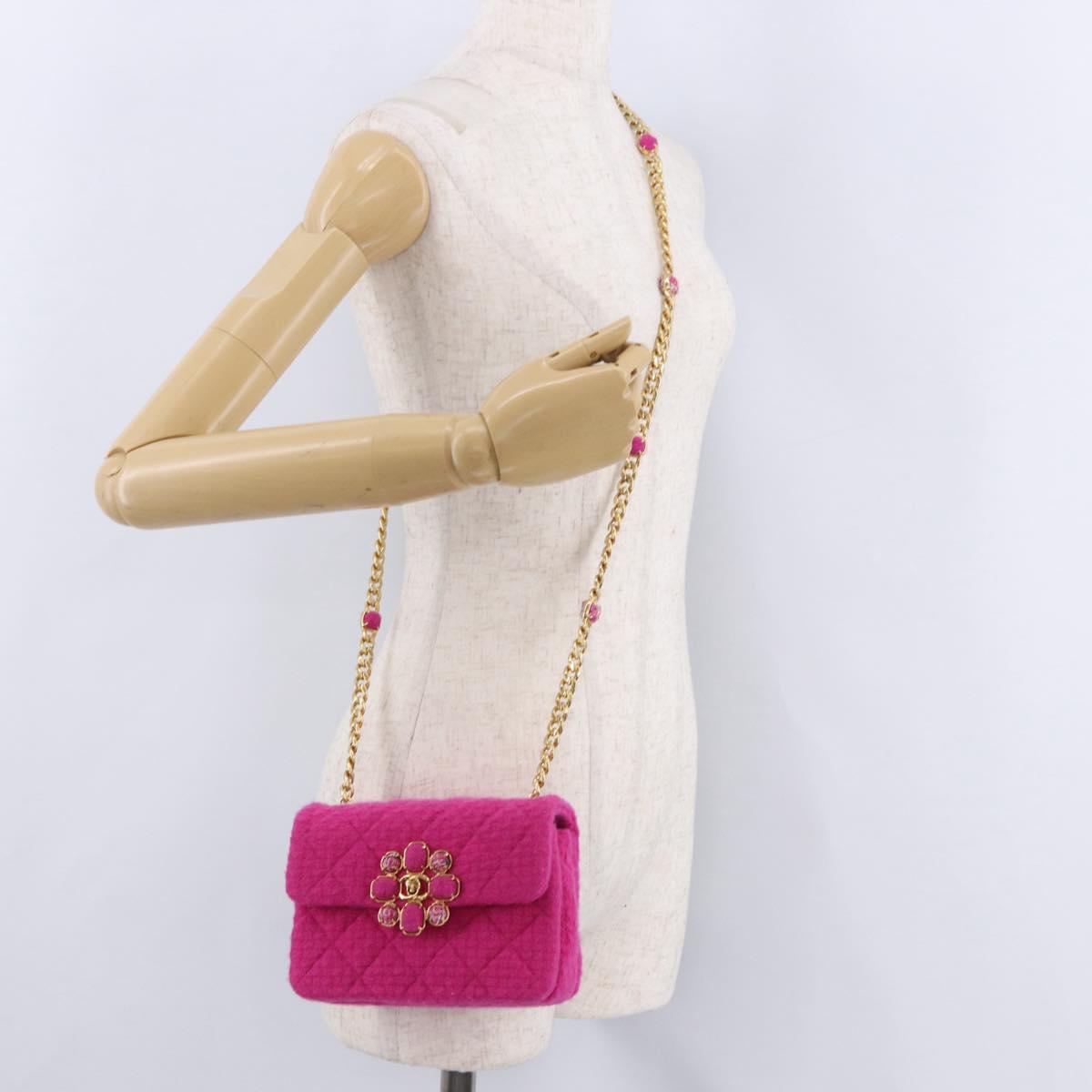 CHANEL Mini Matelasse 18 Chain Shoulder Bag tweed Pink Gold CC Auth 192078SM