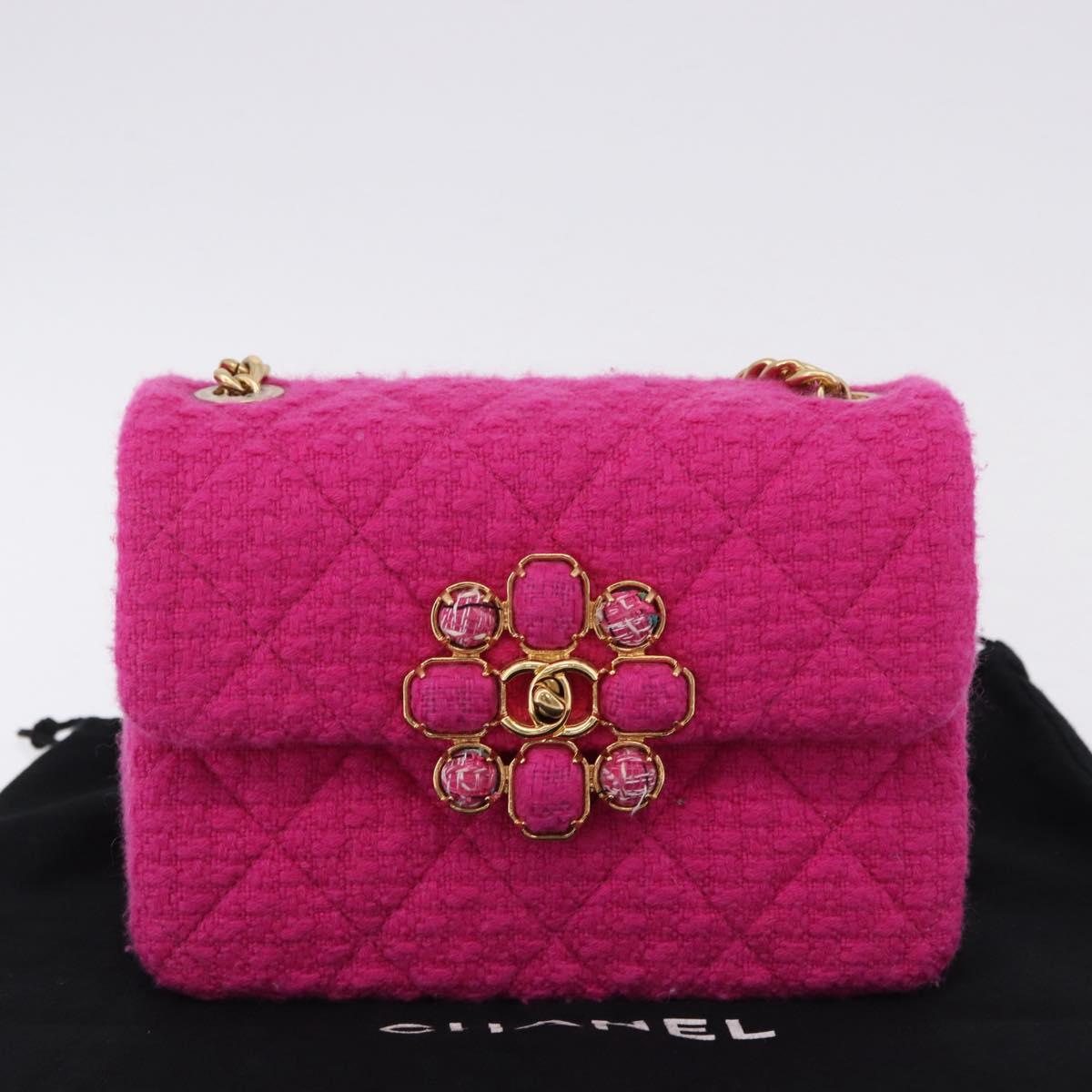 CHANEL Mini Matelasse 18 Chain Shoulder Bag tweed Pink Gold CC Auth 192078SM