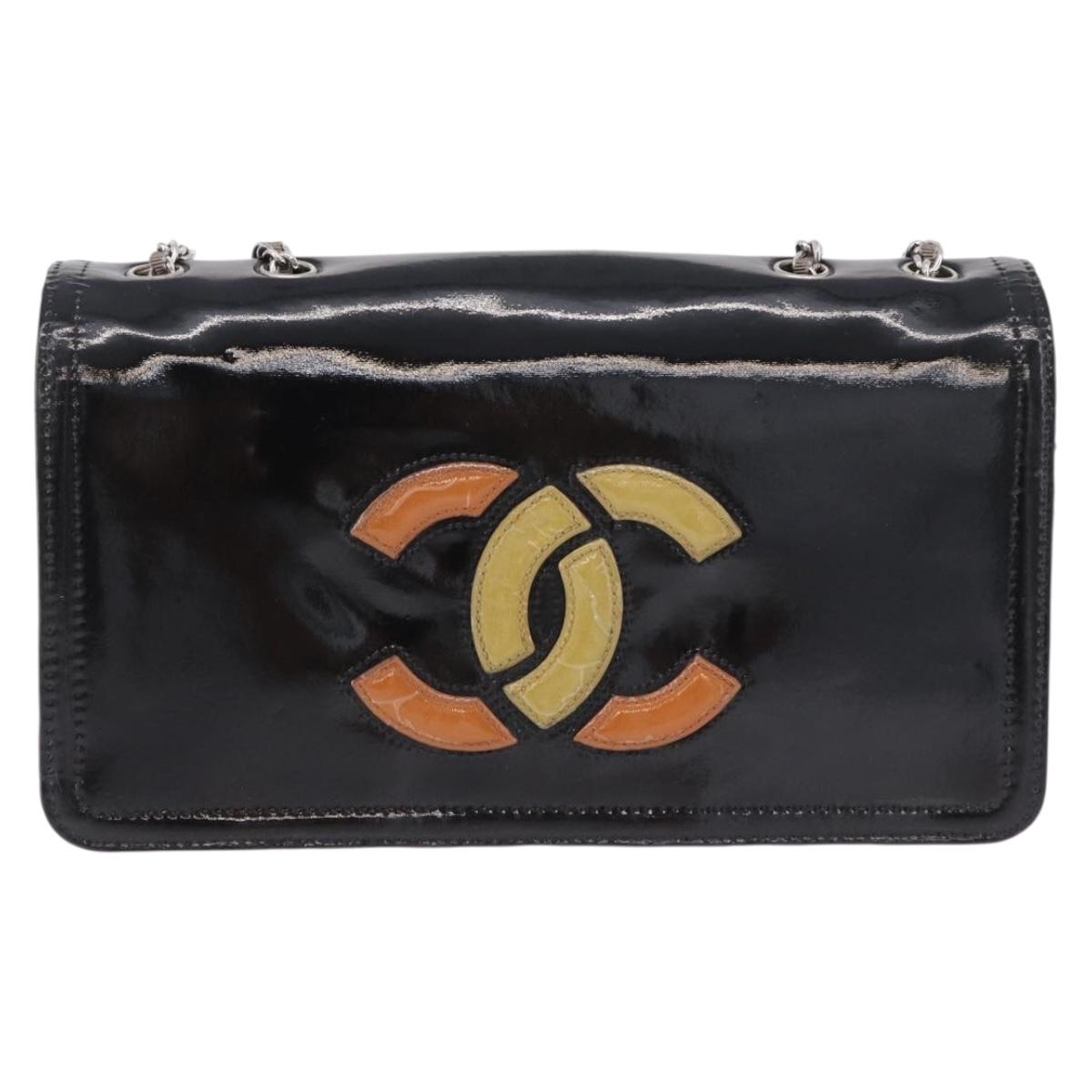 CHANEL Lipstick Chain Shoulder Bag Patent leather Black Silver CC Auth 192079V