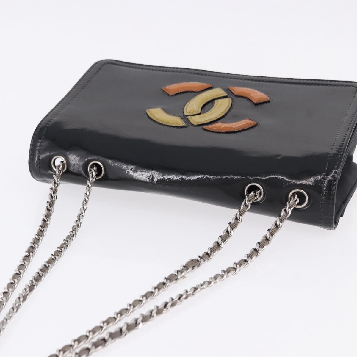 CHANEL Lipstick Chain Shoulder Bag Patent leather Black Silver CC Auth 192079V