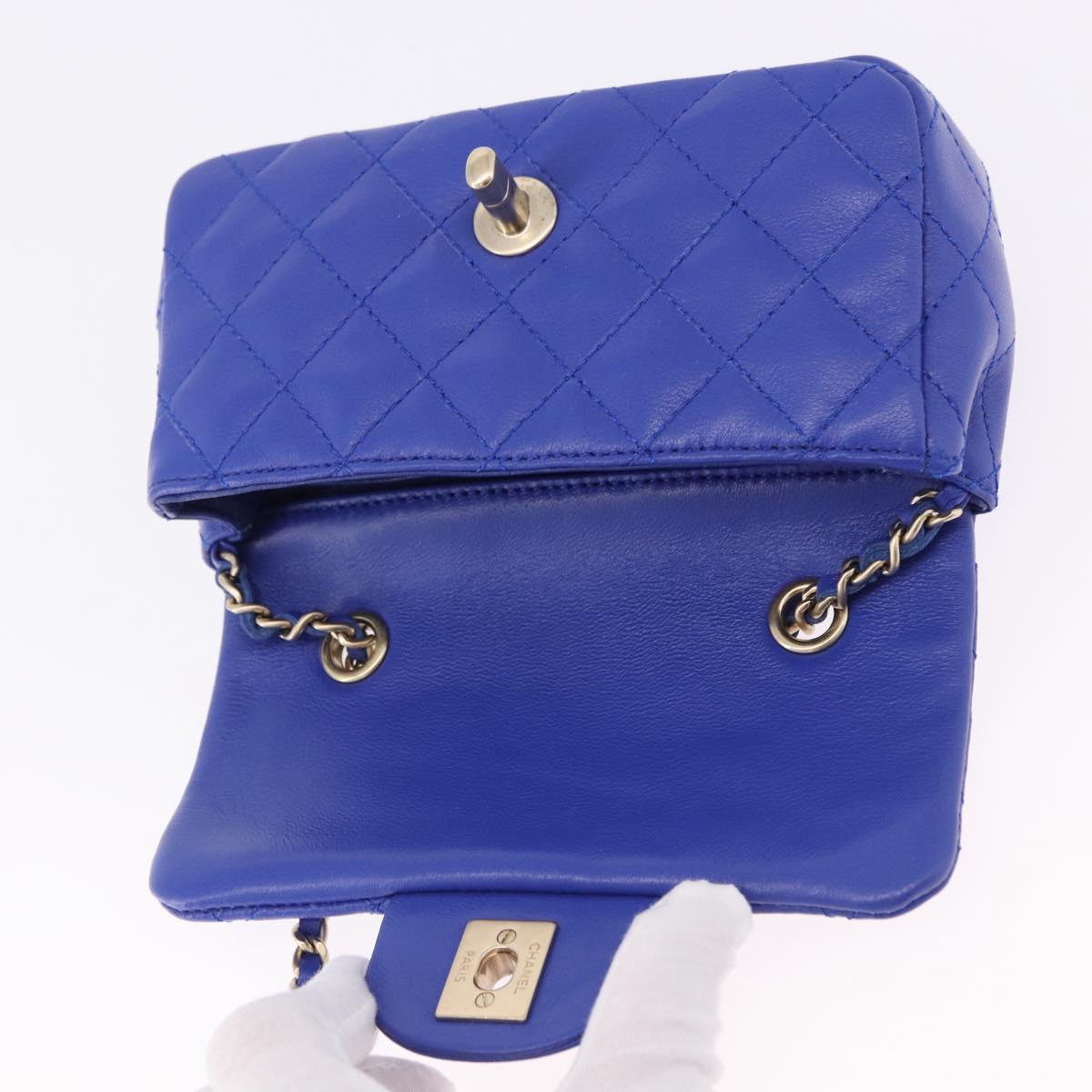 CHANEL Mini Matelasse 17 Chain Shoulder Bag Lamb Skin Blue Gold CC Auth 192080M