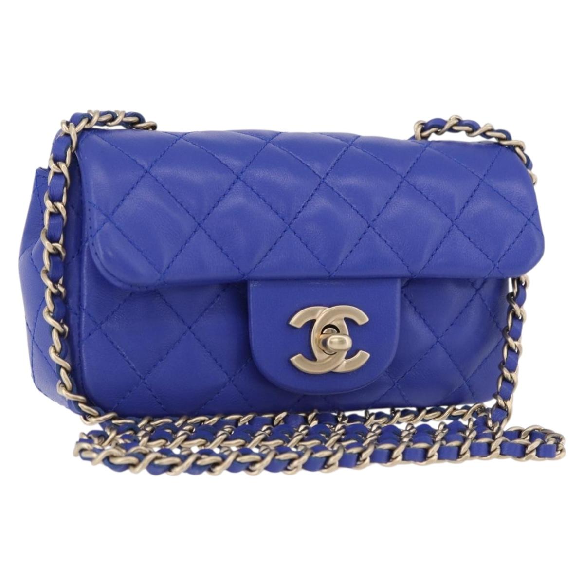 CHANEL Mini Matelasse 17 Chain Shoulder Bag Lamb Skin Blue Gold CC Auth 192080M