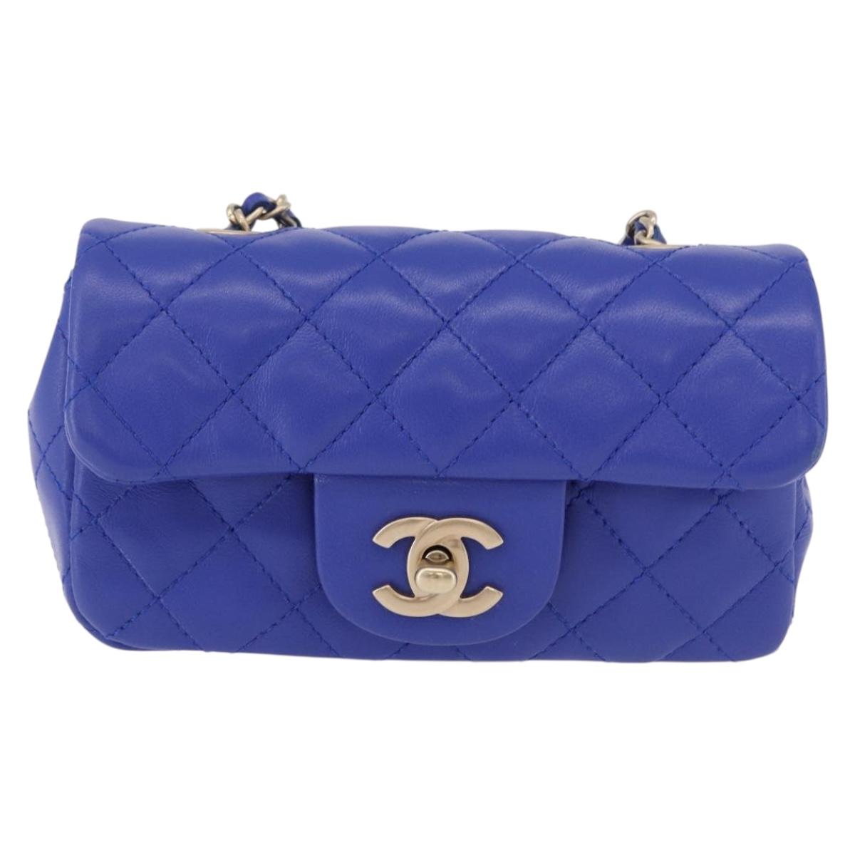 CHANEL Mini Matelasse 17 Chain Shoulder Bag Lamb Skin Blue Gold CC Auth 192080M